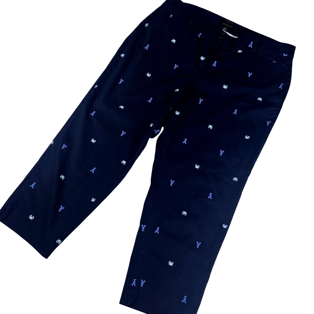Talbots The Perfect Crop Curvy Women 16 Navy Blue Embroidered Lobster Crab Pants